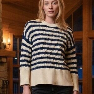 New Madewell $98‎ XS Cream Navy Yasmin Stripe Cable Knit Very Oversized Sweater